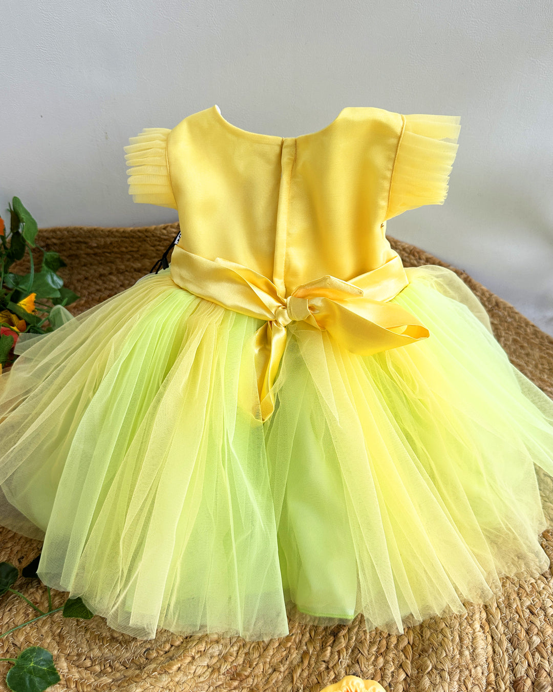 Baby Yellow Green Infant Girls Birthday Dress - Partywear Flower Frock by Stanwells Kids