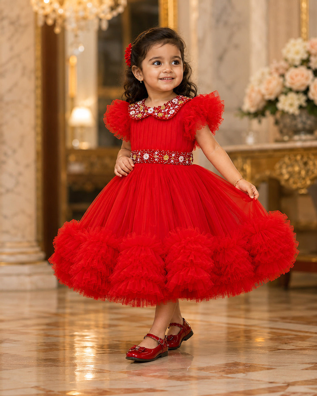 Red baby girl party frock with handwork Peter Pan collar