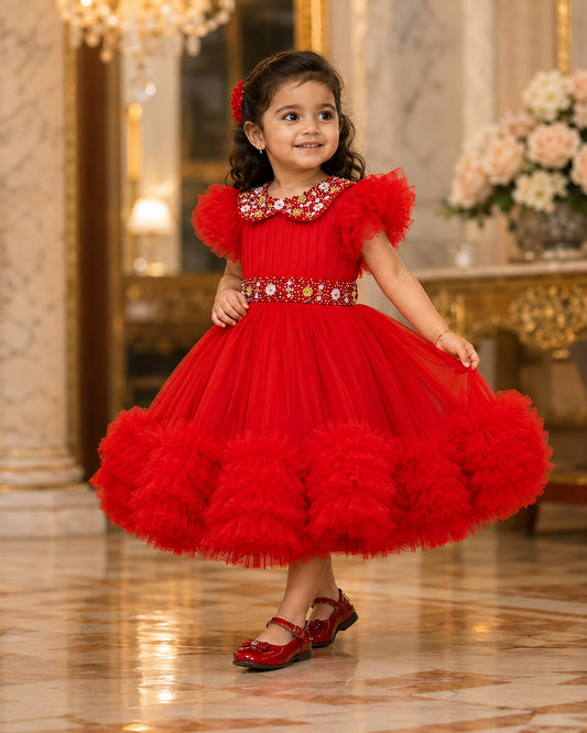 Red baby girl party frock with handwork Peter Pan collar