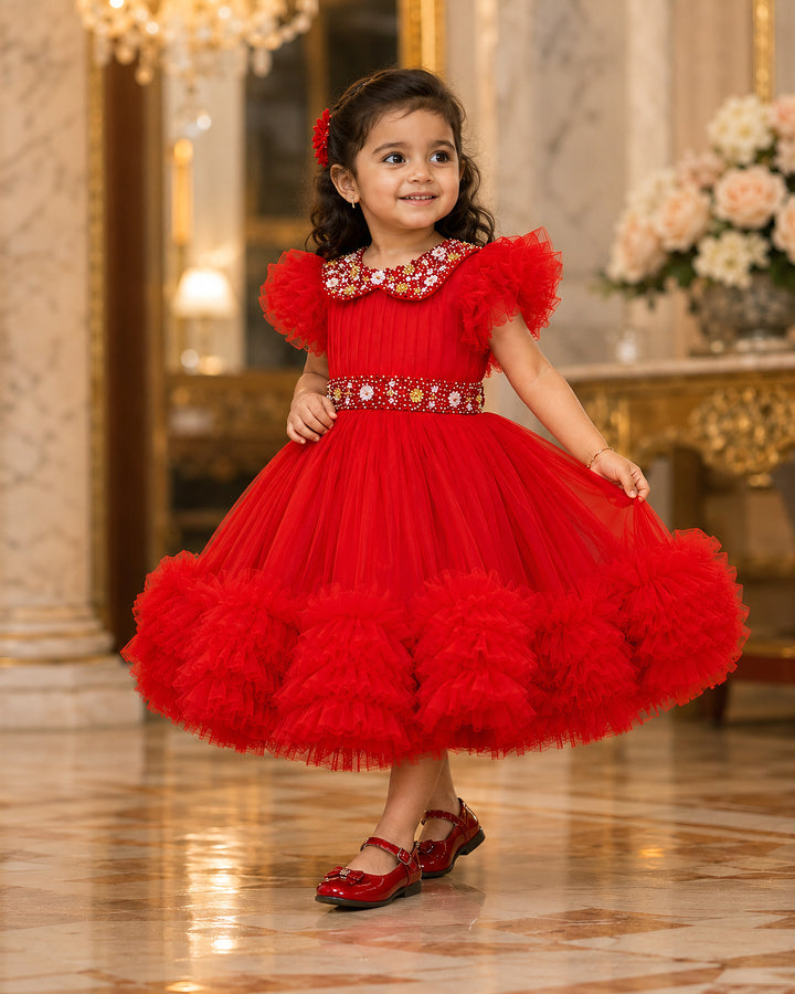 Red baby girl party frock with handwork Peter Pan collar