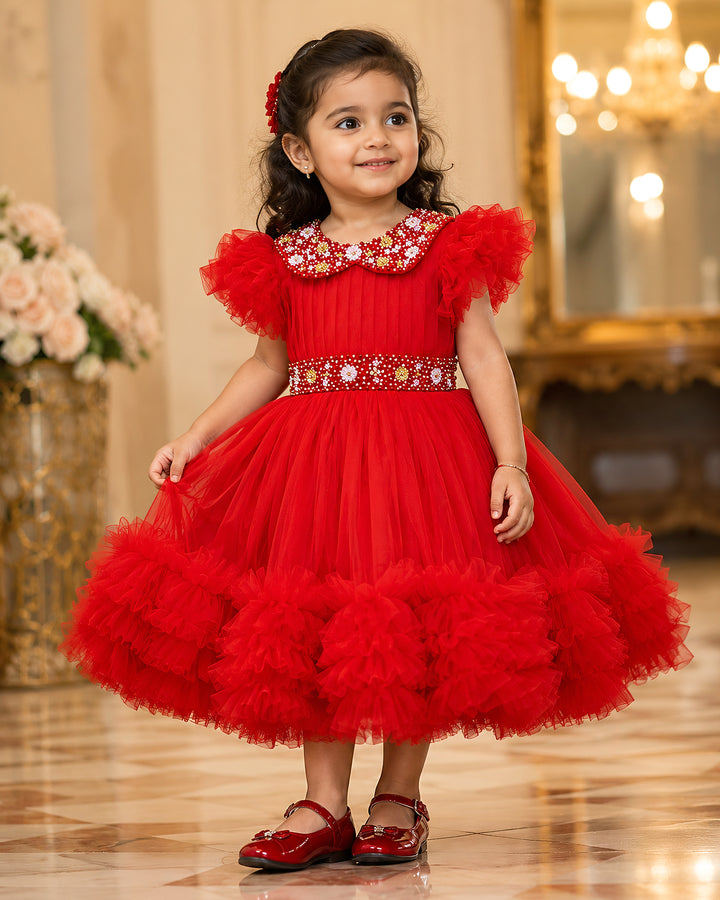 Red baby girl party frock with handwork Peter Pan collar