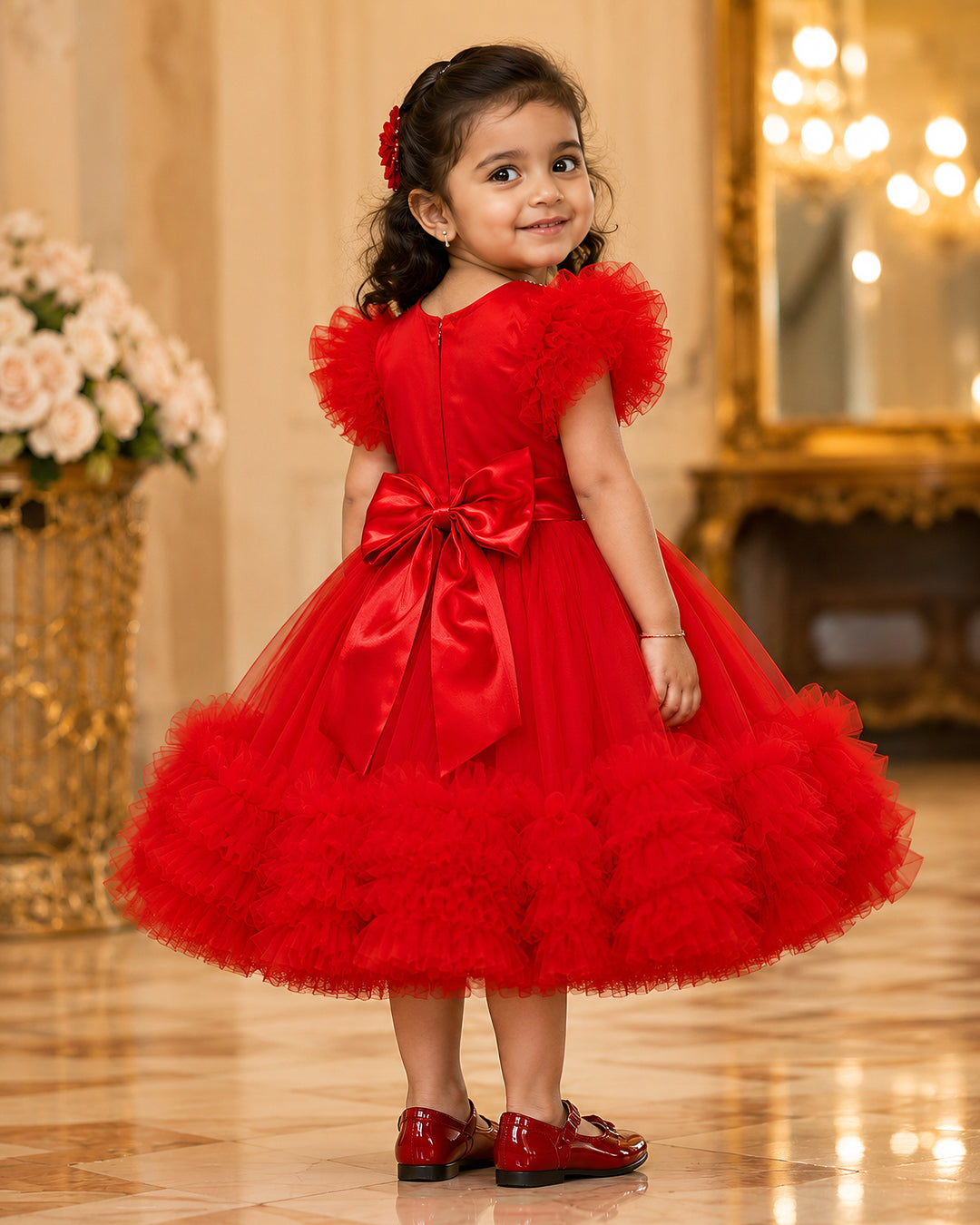 Red baby girl party frock with handwork Peter Pan collar
