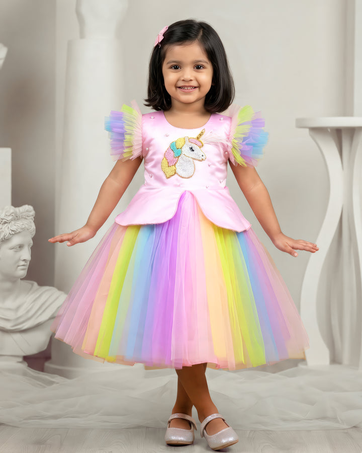 Baby pink unicorn birthday dress for baby girls, multi color unicorn frock, baby girls partywear dress, cute unicorn theme birthday dress for kids