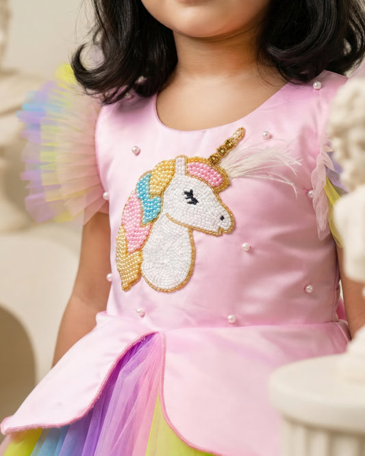 Baby pink unicorn theme frock front view – Stanwells Kids