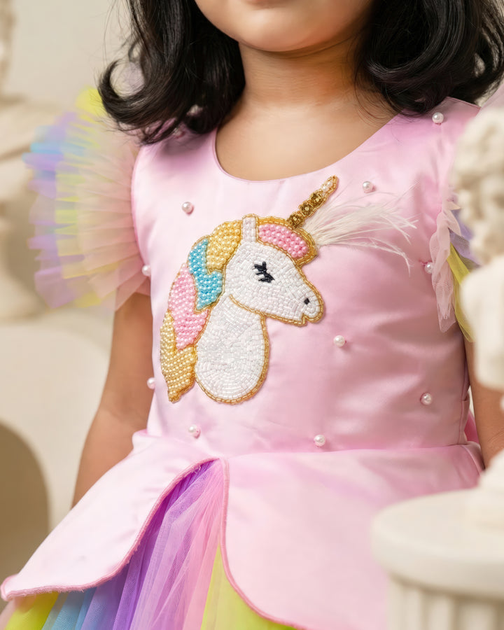 Baby pink unicorn birthday dress for baby girls, multi color unicorn frock, baby girls partywear dress, cute unicorn theme birthday dress for kids