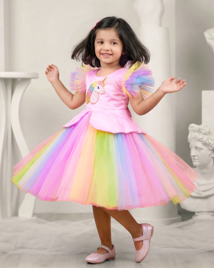 Baby pink unicorn birthday dress for baby girls, multi color unicorn frock, baby girls partywear dress, cute unicorn theme birthday dress for kids