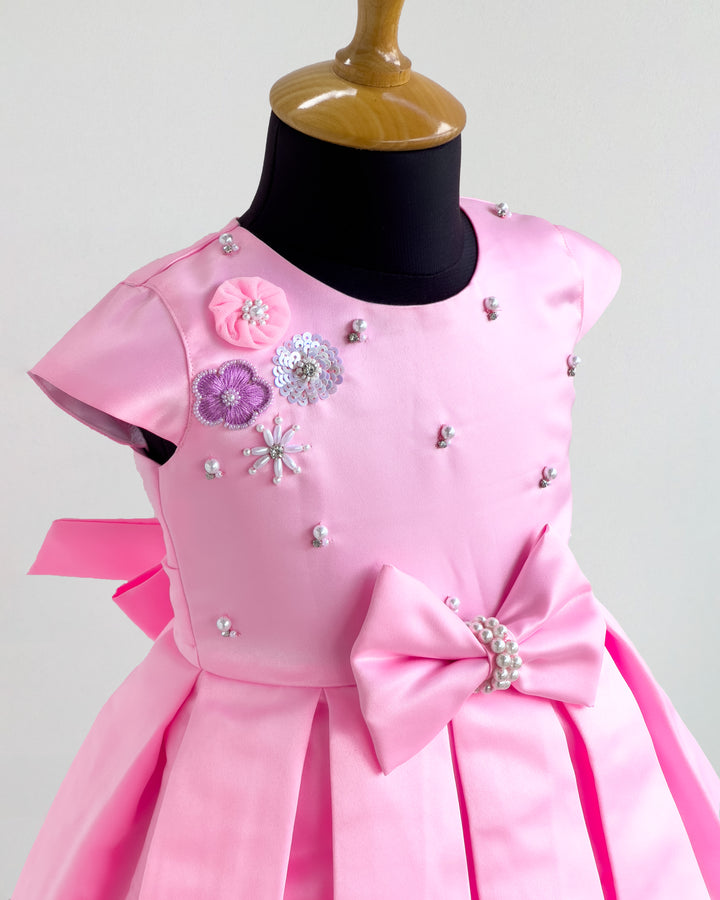 Baby pink silky satin baby girl birthday dress, western style frock, box pleated party wear, kids birthday dress for girls