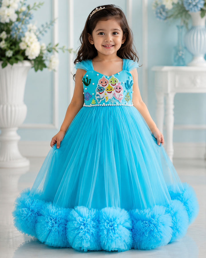Baby shark theme ruffled handwork birthday gown for baby girl – front view, Stanwells Kids