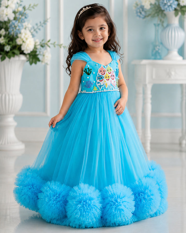 Baby shark theme ruffled handwork birthday gown for baby girl – front view, Stanwells Kids