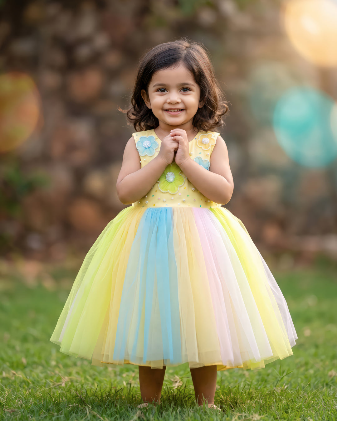 Baby yellow floral birthday frock side view – Stanwells Kids