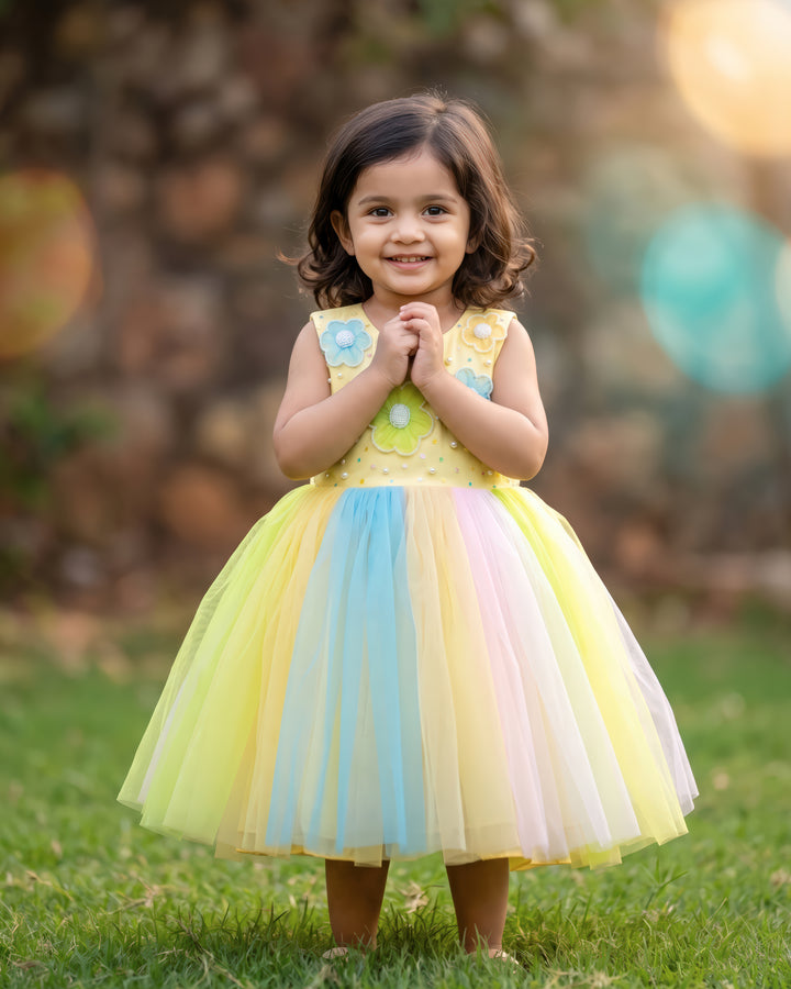 Baby yellow floral birthday frock side view – Stanwells Kids