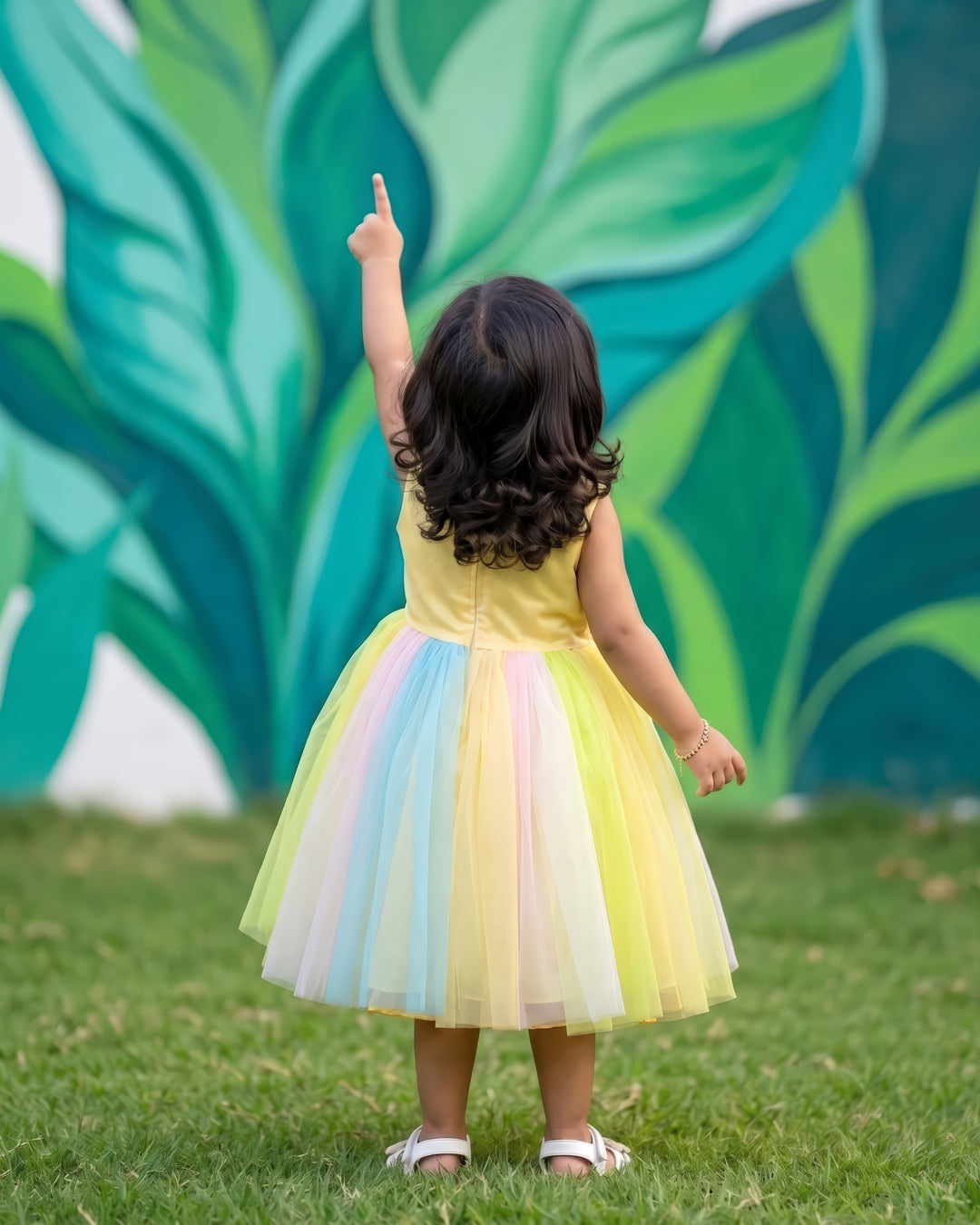 Baby yellow floral frock back view – Stanwells Kids