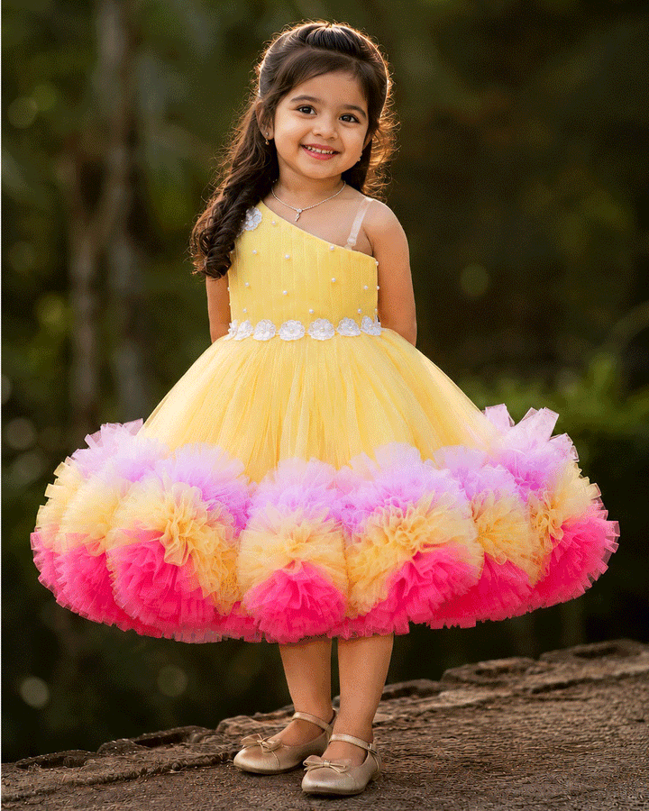 Baby yellow multi shade ruffles floral frock for baby girl – front view, Stanwells Kids
