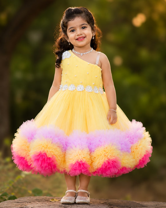 Baby yellow multi shade ruffles floral frock for baby girl – front view, Stanwells Kids