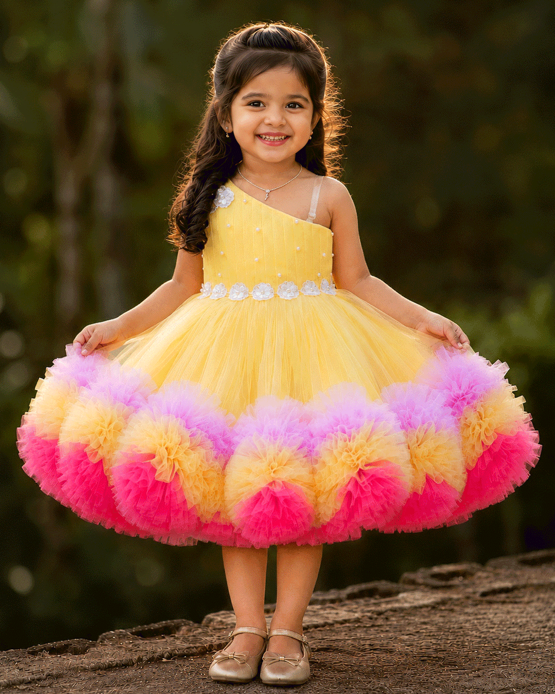 Baby yellow multi shade ruffles floral frock for baby girl – front view, Stanwells Kids
