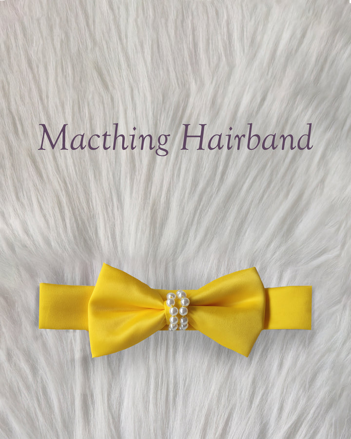 Baby yellow silky satin baby girl birthday dress, western style frock, box pleated birthday dress, kids party wear outfit for girls