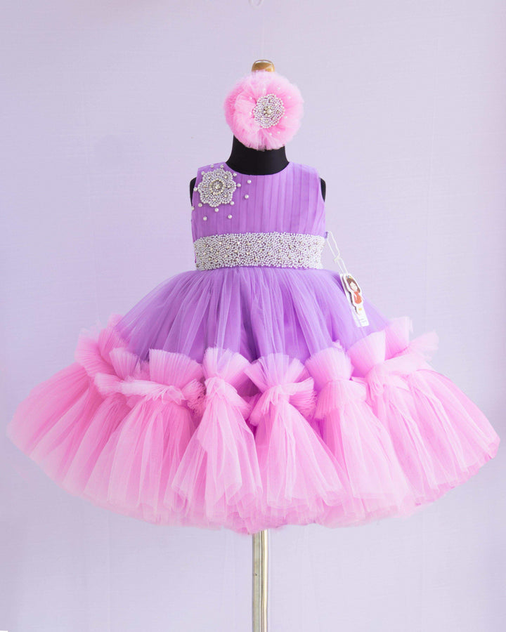 Lilac & Baby Pink Combo Handwork Partywear Birthday Frock