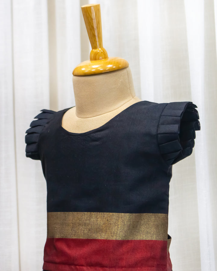 black banarasi cotton lehenga for baby girls, traditional border kids dress, baby girl birthday lehenga, festive outfit for toddlers, premium designer kids wear