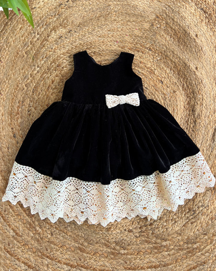 Black Shade Crochet Velvet Knee Length Bow Frock
