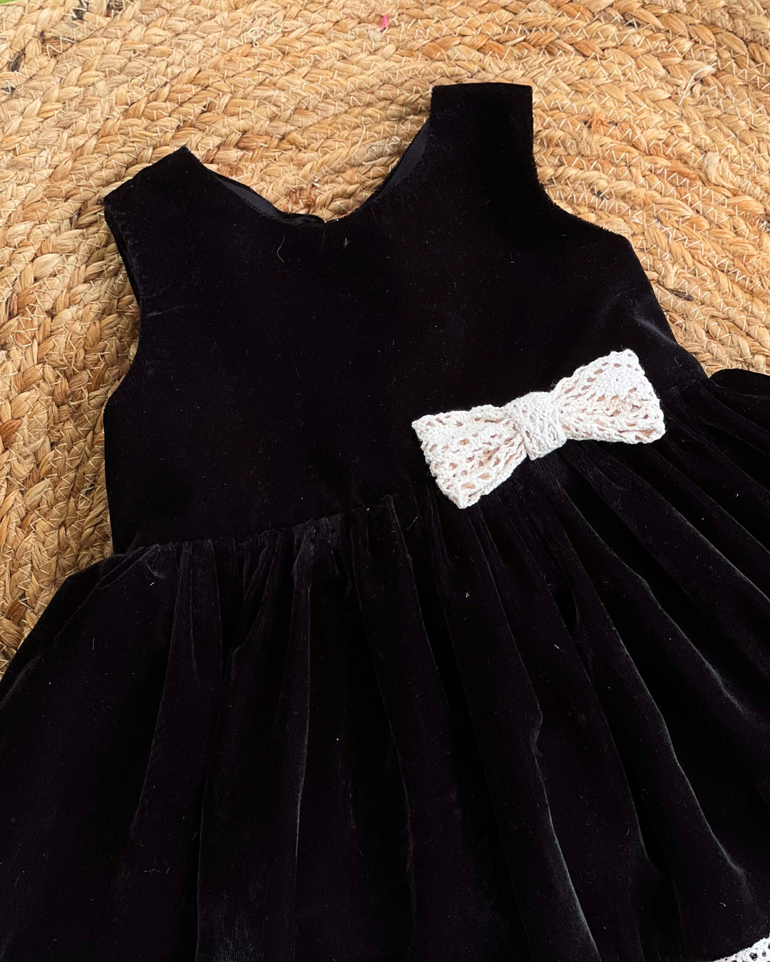 Black Shade Crochet Velvet Knee Length Bow Frock