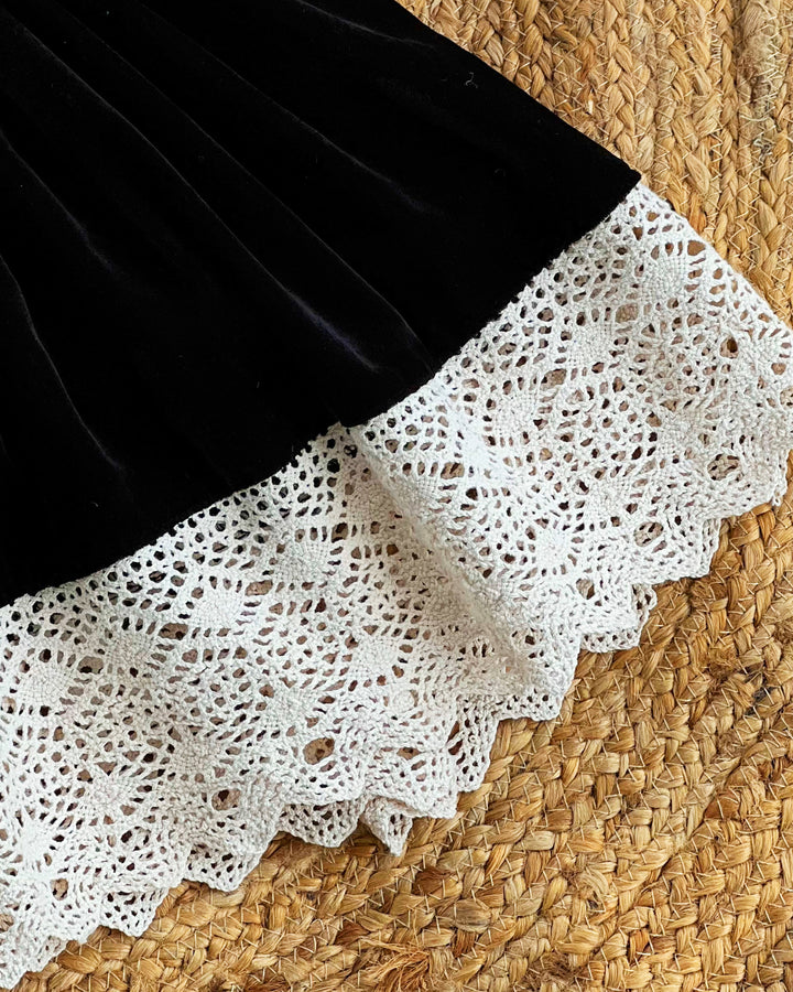 Black Shade Crochet Velvet Knee Length Bow Frock