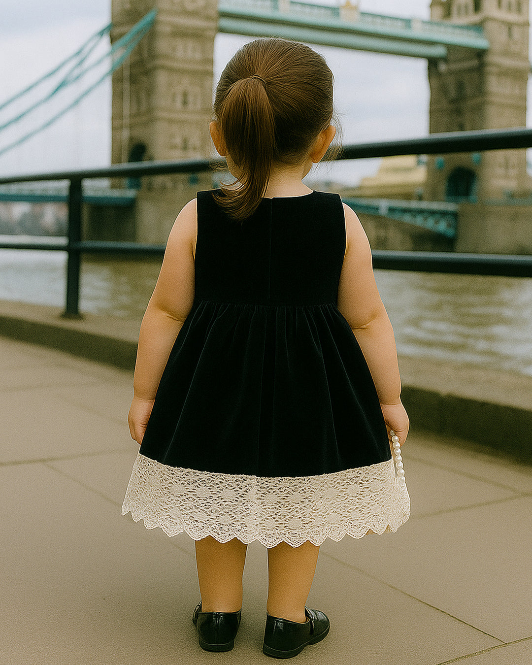 Black Shade Crochet Velvet Knee Length Bow Frock