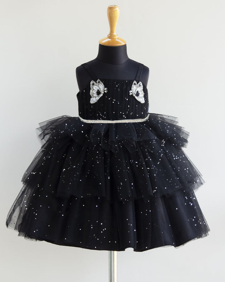 Black glitter butterfly theme birthday dress for baby girls, partywear frock