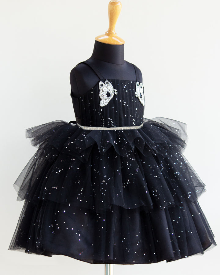 Black glitter butterfly theme birthday dress for baby girls, partywear frock