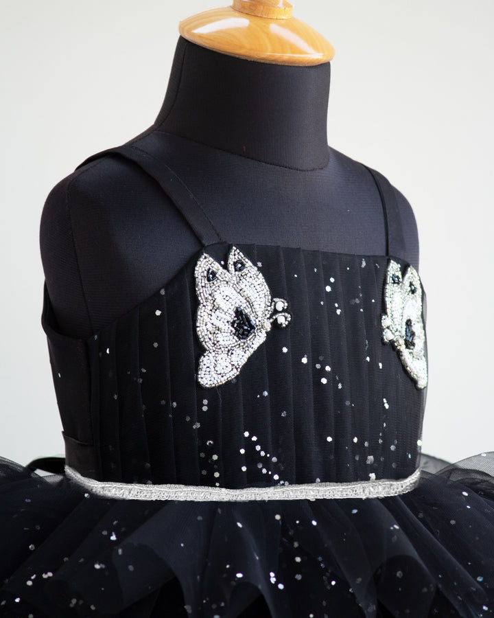 Black glitter butterfly theme birthday dress for baby girls, partywear frock