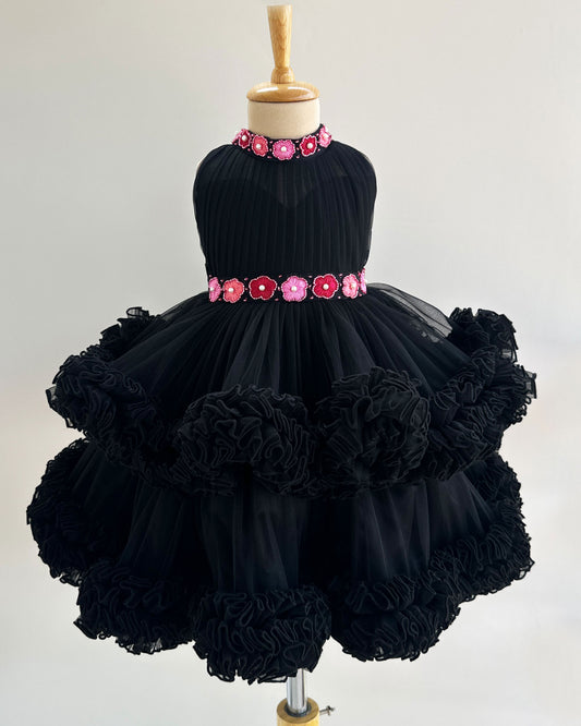 Black halter neck hand embroidery birthday frock for baby girl – Stanwells Kids