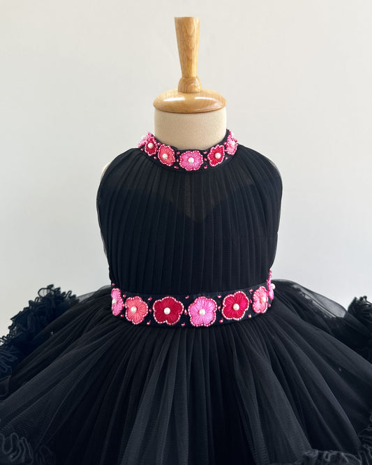 Black halter neck pleated yoke birthday frock front view – Stanwells Kids