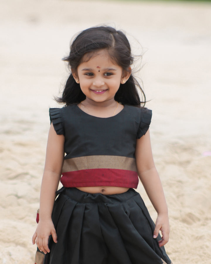 Black banarasi lehenga choli festive wear close up – Stanwells Kids