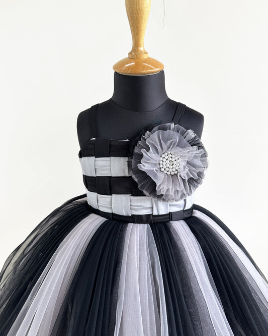Black Grey Baby Girls Birthday Dress - Layered Partywear Flower Frock