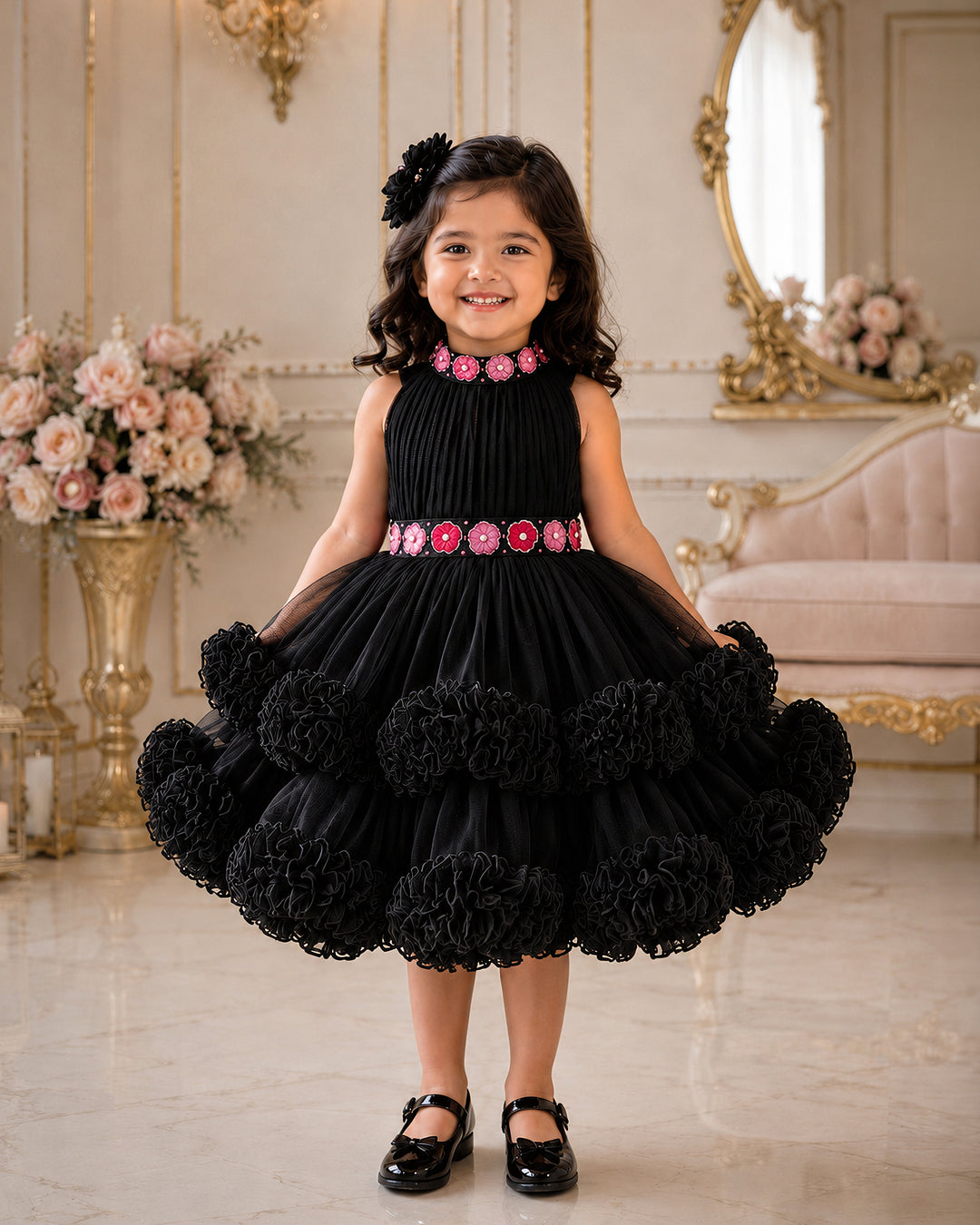 Black halter neck hand embroidery birthday frock for baby girl – Stanwells Kids