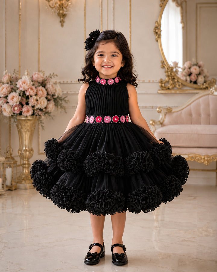 Black halter neck hand embroidery birthday frock for baby girl – Stanwells Kids