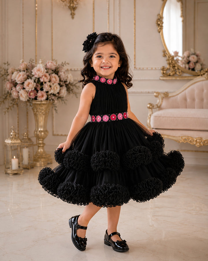 Black halter neck hand embroidery birthday frock for baby girl – Stanwells Kids