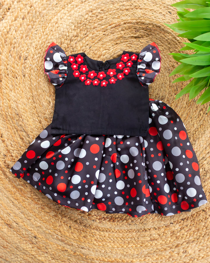 Black red satin polka skirt &amp; top full look – birthday outfit for baby girl, Stanwells Kids