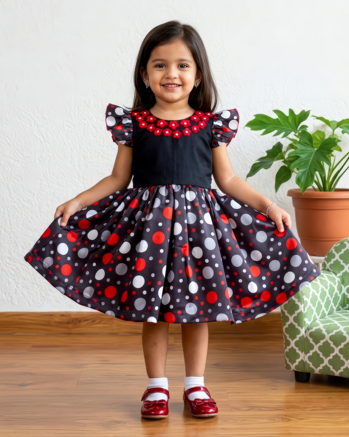 Black and red satin polka skirt &amp; top for girls – front view, Stanwells Kids
