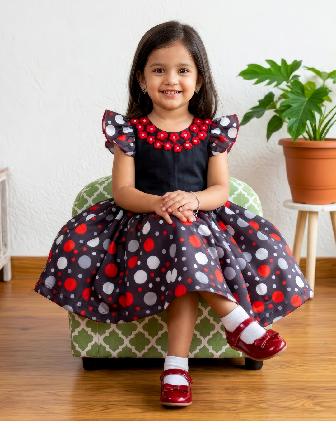Flared sleeves black &amp; red polka skirt and top party wear set – Stanwells Kids