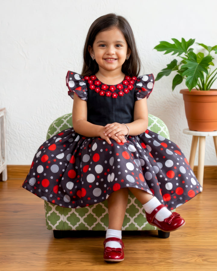 Flared sleeves black &amp; red polka skirt and top party wear set – Stanwells Kids