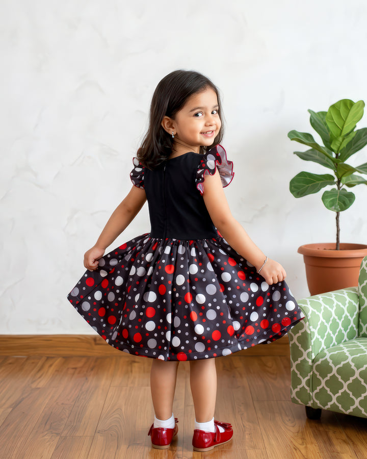 Back zipper detail of black &amp; red satin polka top for girls – Stanwells Kids