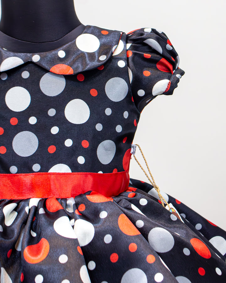 baby girls birthday dress, black satin frock, Christmas frock for kids, printed satin partywear dress, festive outfit for girls, toddler party dress, elegant kids frock, soft satin birthday dress, baby girl Christmas outfit
