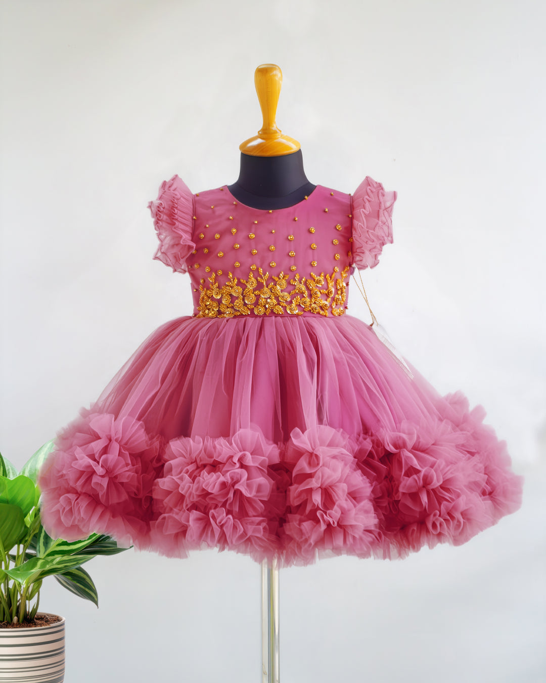 Blush pink heavy handwork birthday special partywear frock for baby girl – front view, Stanwells Kids
