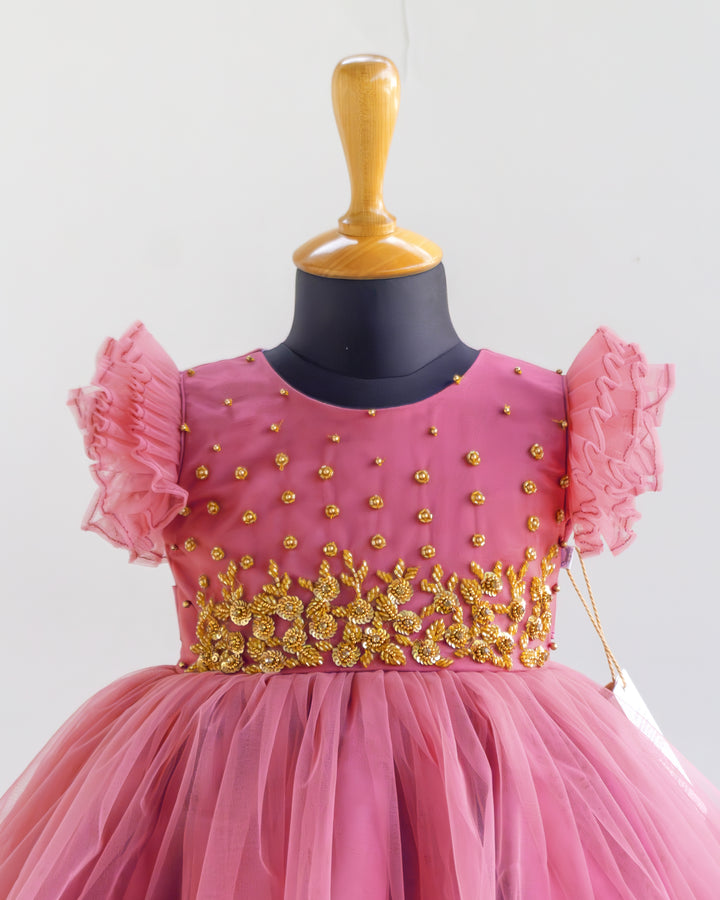 Blush pink heavy handwork birthday special partywear frock for baby girl – close up view, Stanwells Kids