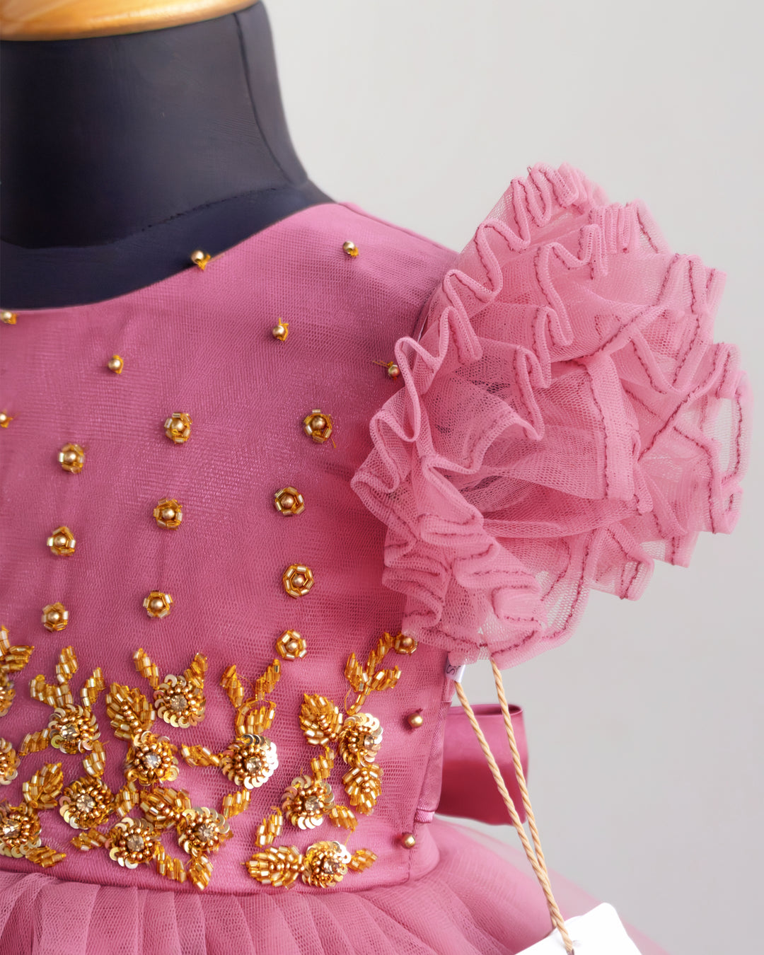 Blush pink heavy handwork birthday special partywear frock for baby girl – close up view, Stanwells Kids