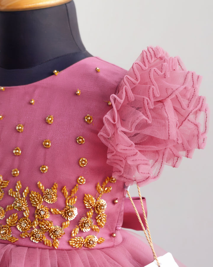 Blush pink heavy handwork birthday special partywear frock for baby girl – close up view, Stanwells Kids