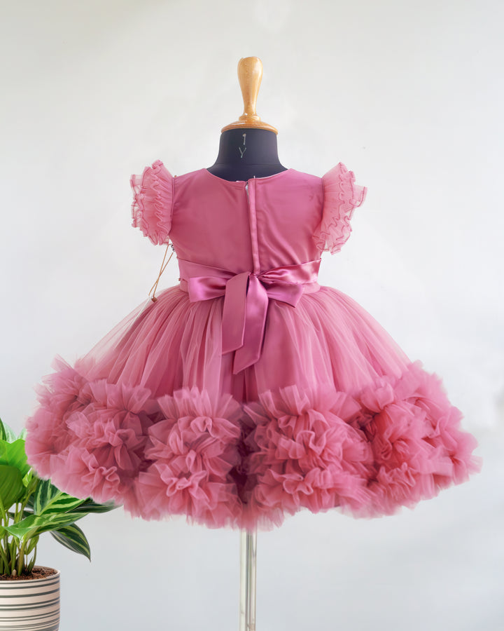 Blush pink heavy handwork birthday special partywear frock for baby girl – Back side view, Stanwells Kids