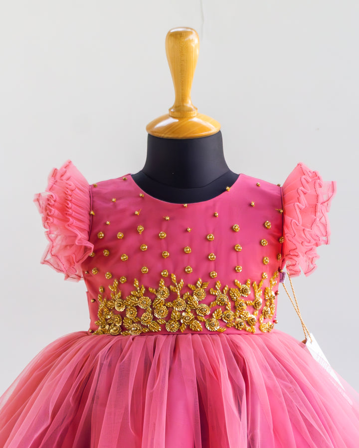 Intricate heavy handwork yoke embellishments on blush pink birthday frock – Stanwells Kids