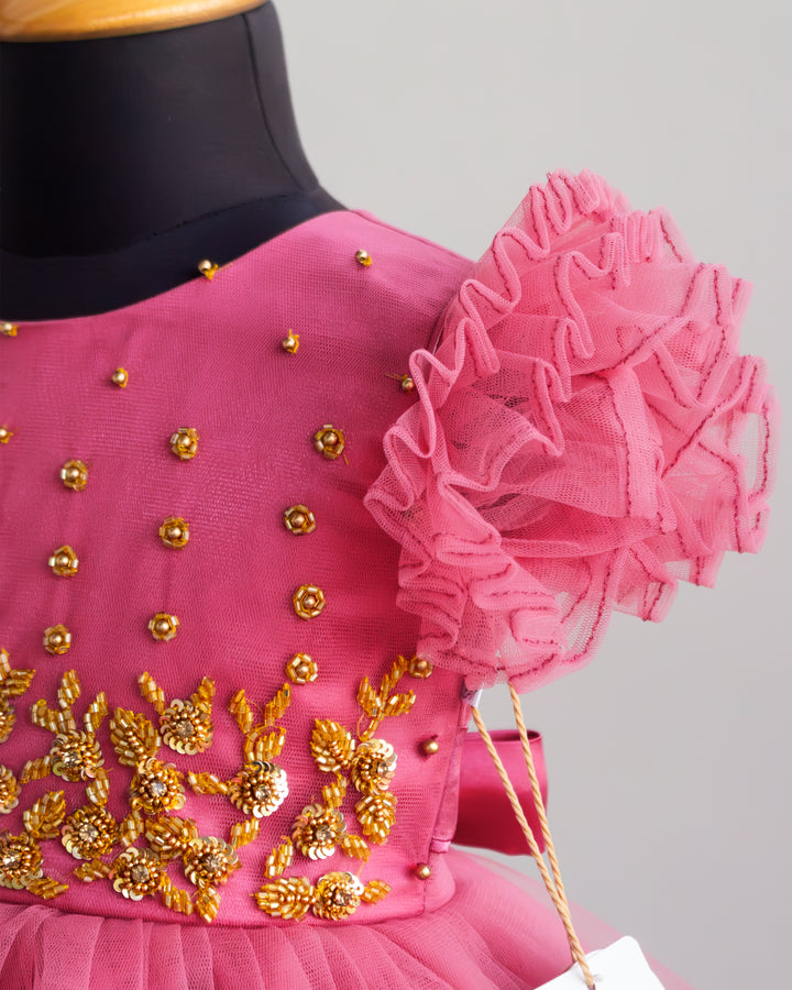 Layered net skirt on blush pink heavy handwork birthday partywear frock – Stanwells Kids