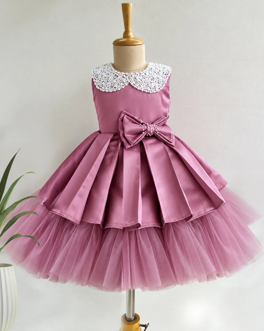 Blush Pink Satin Frock with Peter Collar &amp; White Beads – Stanwells Kids
